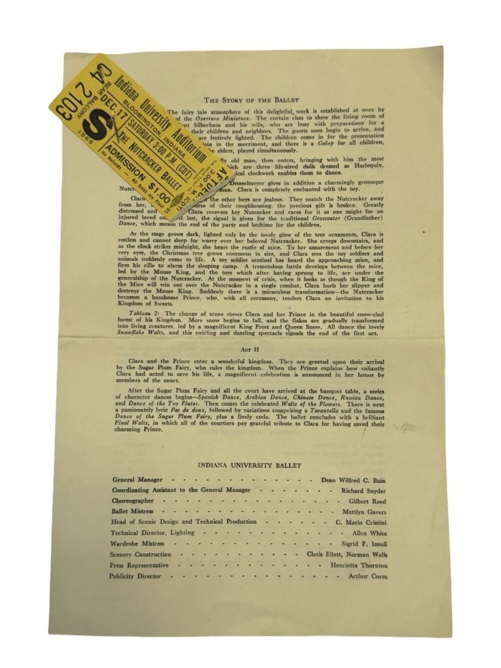 1966 Indiana University Nutcracker Ballet Program Original Ticket Toni Lander Br